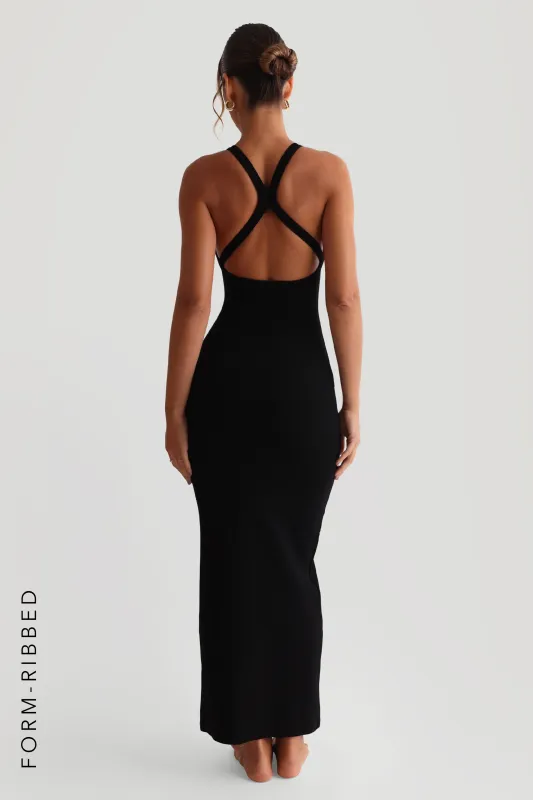 Form-Ribbed Plunge Split-Back Maxi Dress - Black sold by My outfit online