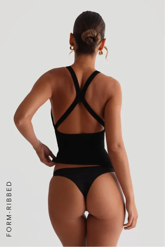 Form-Ribbed Plunge Split-Back Tank Top - Black sold by My outfit online