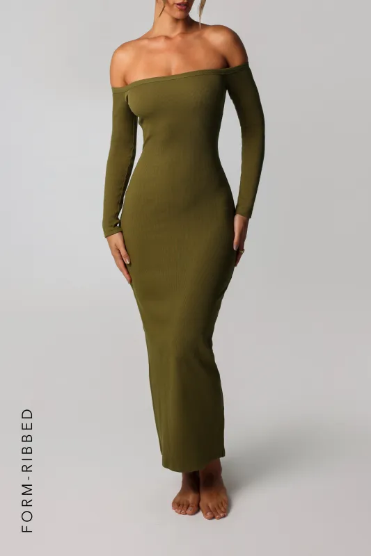 Form Ribbed Off Shoulder Maxi Dress - Olive sold by My outfit online