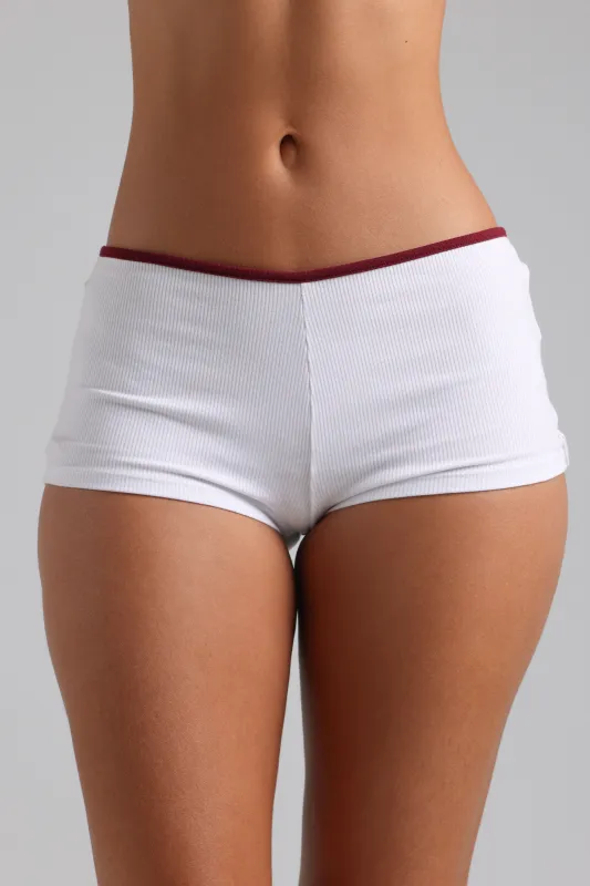 Classic Two-Tone Micro-Ribbed Mini Shorts - White/Black Cherry sold by My outfit online