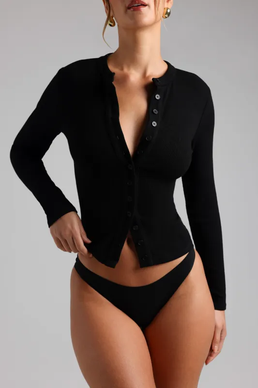 Form-Ribbed Button-Up Long Sleeve Top - Black sold by My outfit online