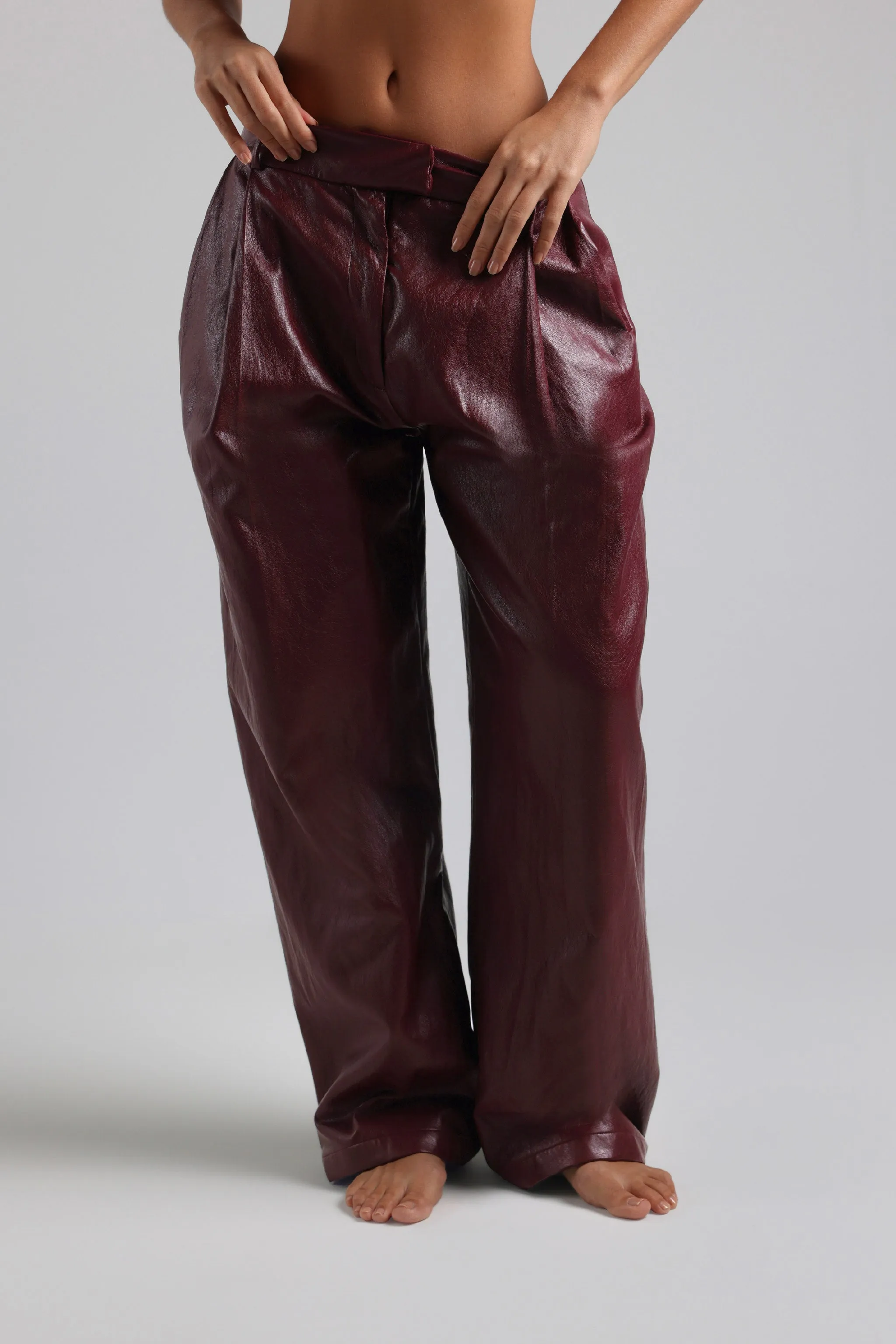 The Ivy-Wide Leg Leather Trousers - Black Cherry sold by My outfit online