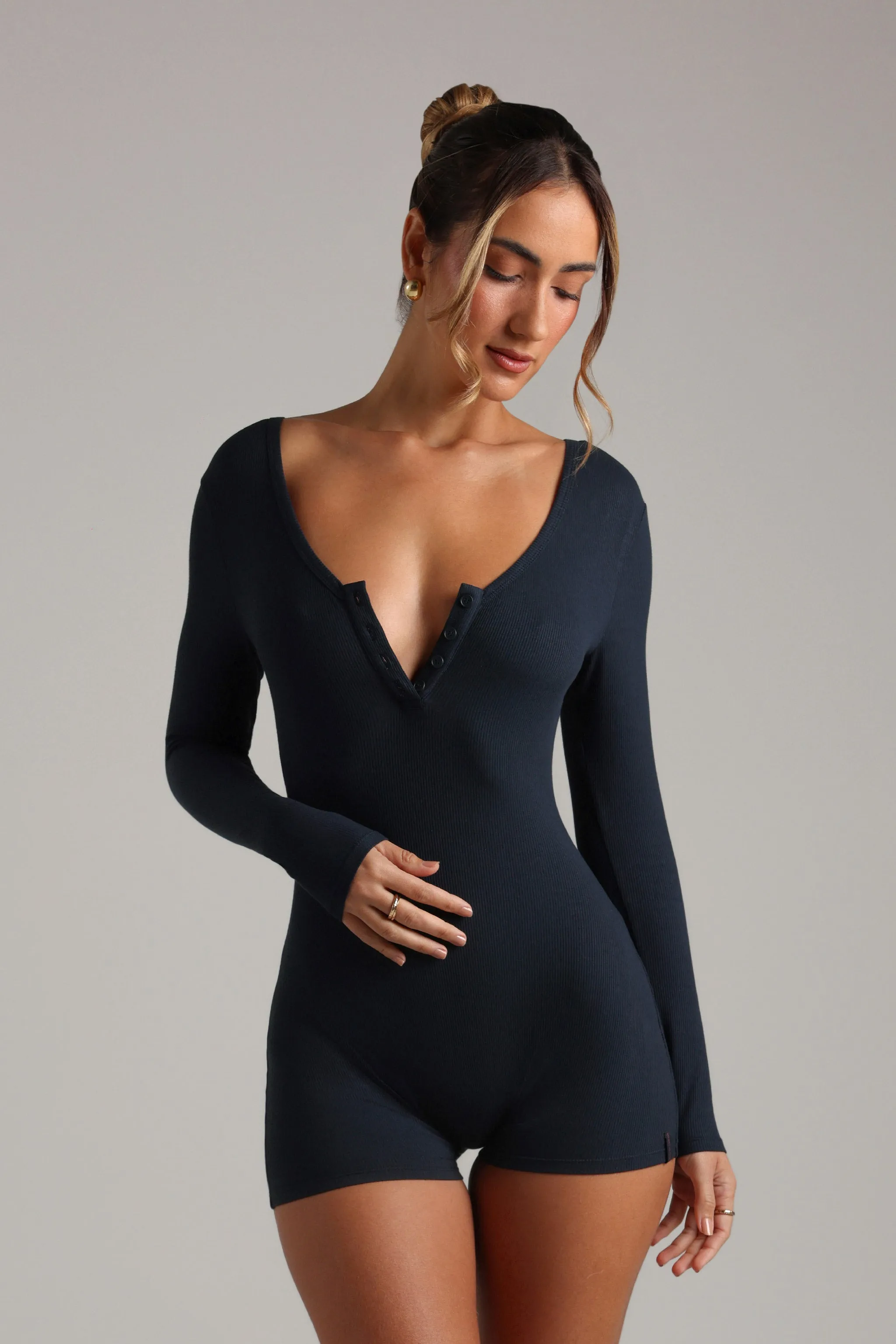 Button Up Micro-Ribbed Romper - Navy sold by My outfit online product image thumbnail 4