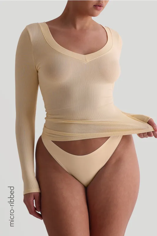 V-Shape Micro-Ribbed Long Sleeve Top - Soft Yellow sold by My outfit online