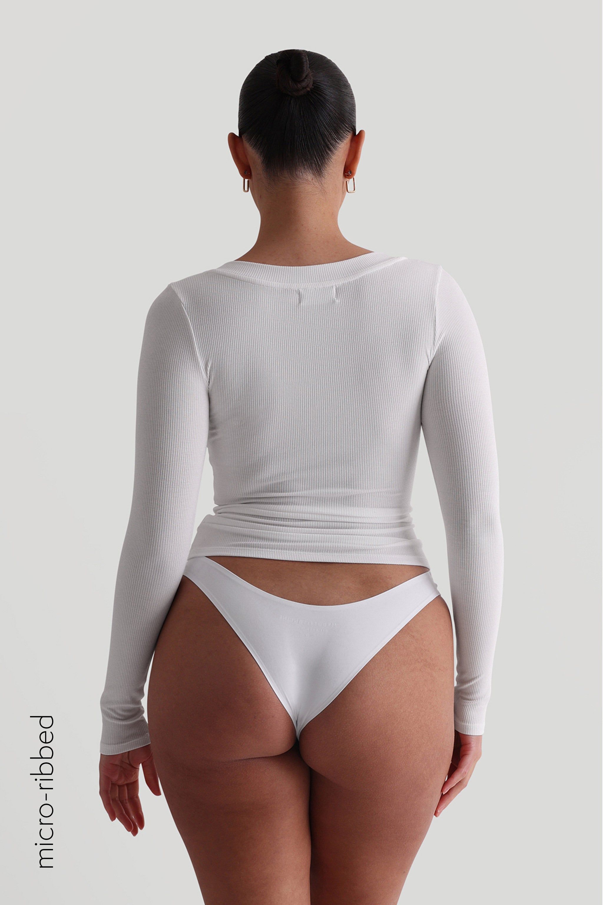 V-Shape Micro-Ribbed Long Sleeve Top - White sold by My outfit online product image thumbnail 4