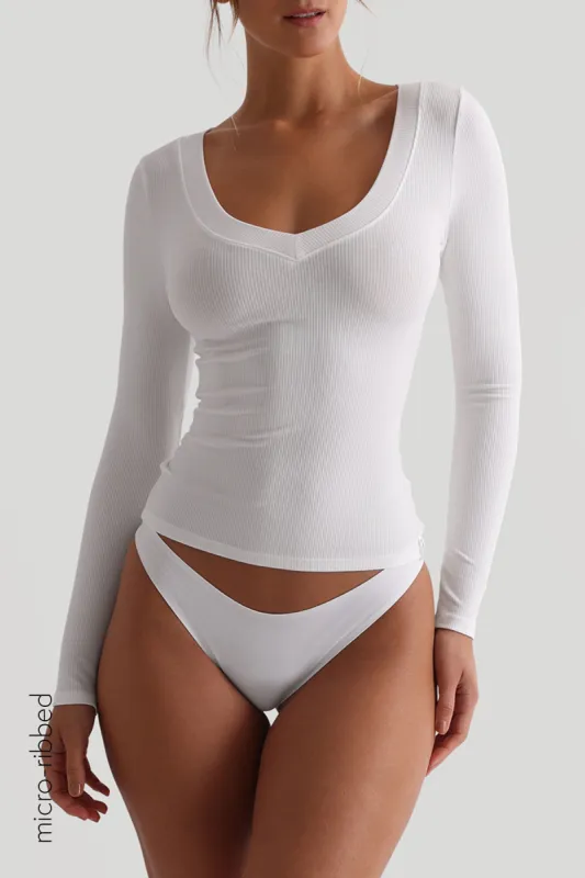 V-Shape Micro-Ribbed Long Sleeve Top - White sold by My outfit online