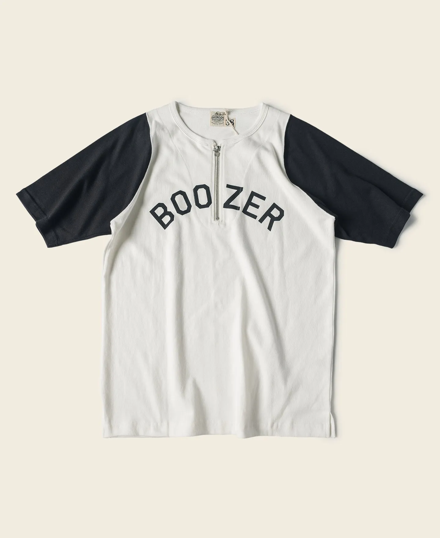 Quarter-Zip Rider Printed Raglan Sleeve T-Shirt - White sold by Bronson Mfg.