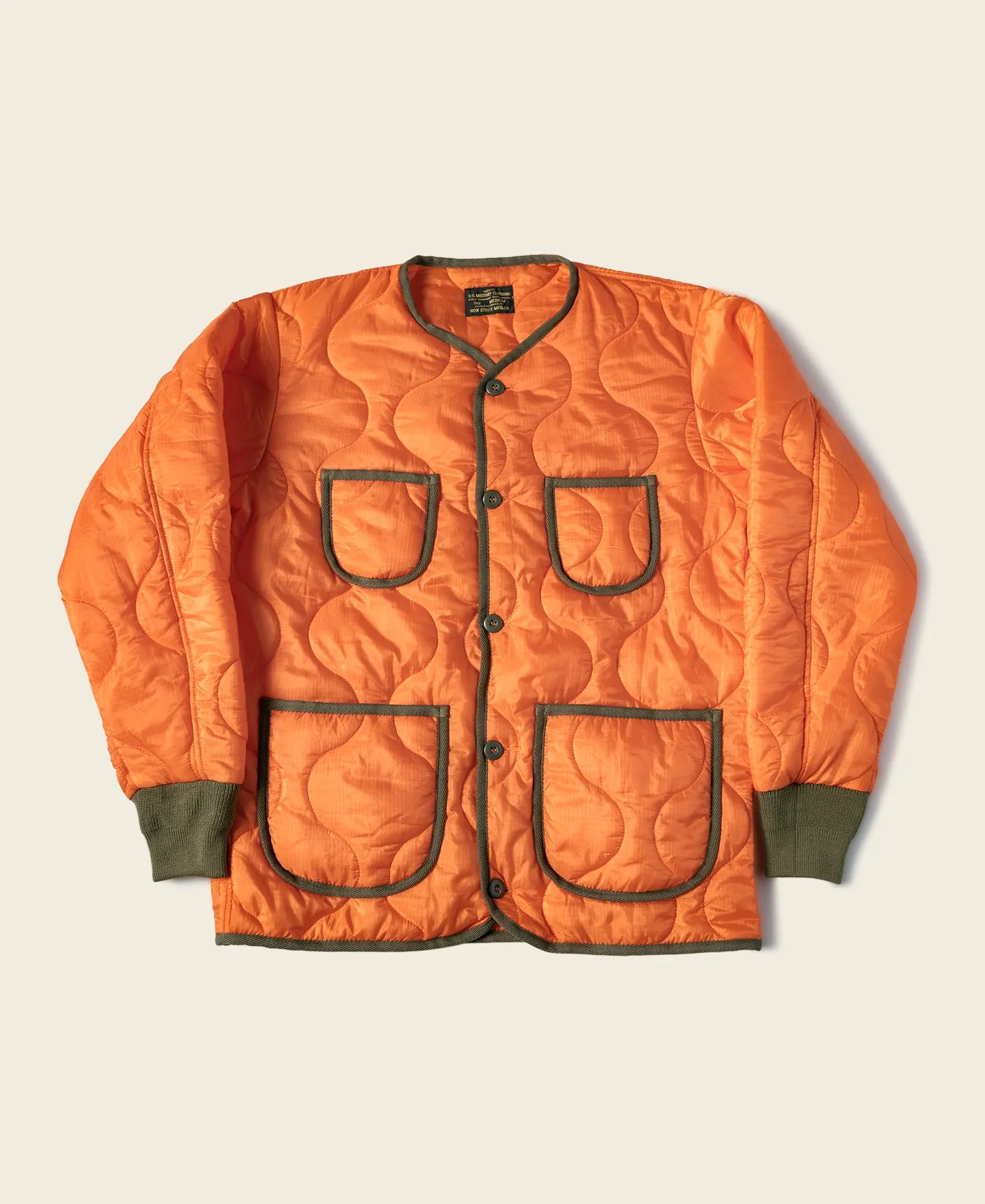 Military Style Quilted Padded Ripstop Nylon Jacket - Orange sold by Bronson Mfg.