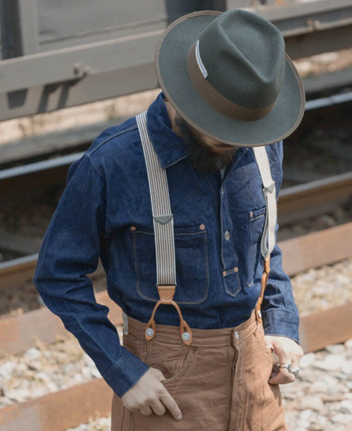 Old-Time Y-Back Leather Button Suspenders - Khaki Stripe sold by Bronson Mfg. product image thumbnail 3