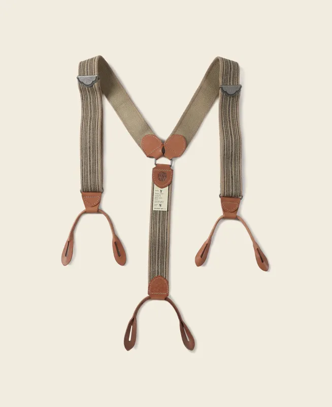 Old-Time Y-Back Leather Button Suspenders - Khaki Stripe made by Bronson Mfg.