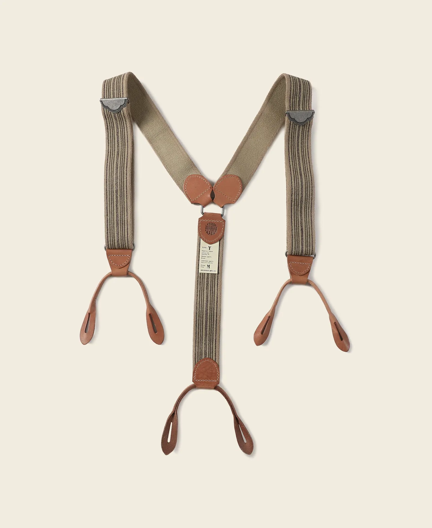 Old-Time Y-Back Leather Button Suspenders - Khaki Stripe sold by Bronson Mfg.