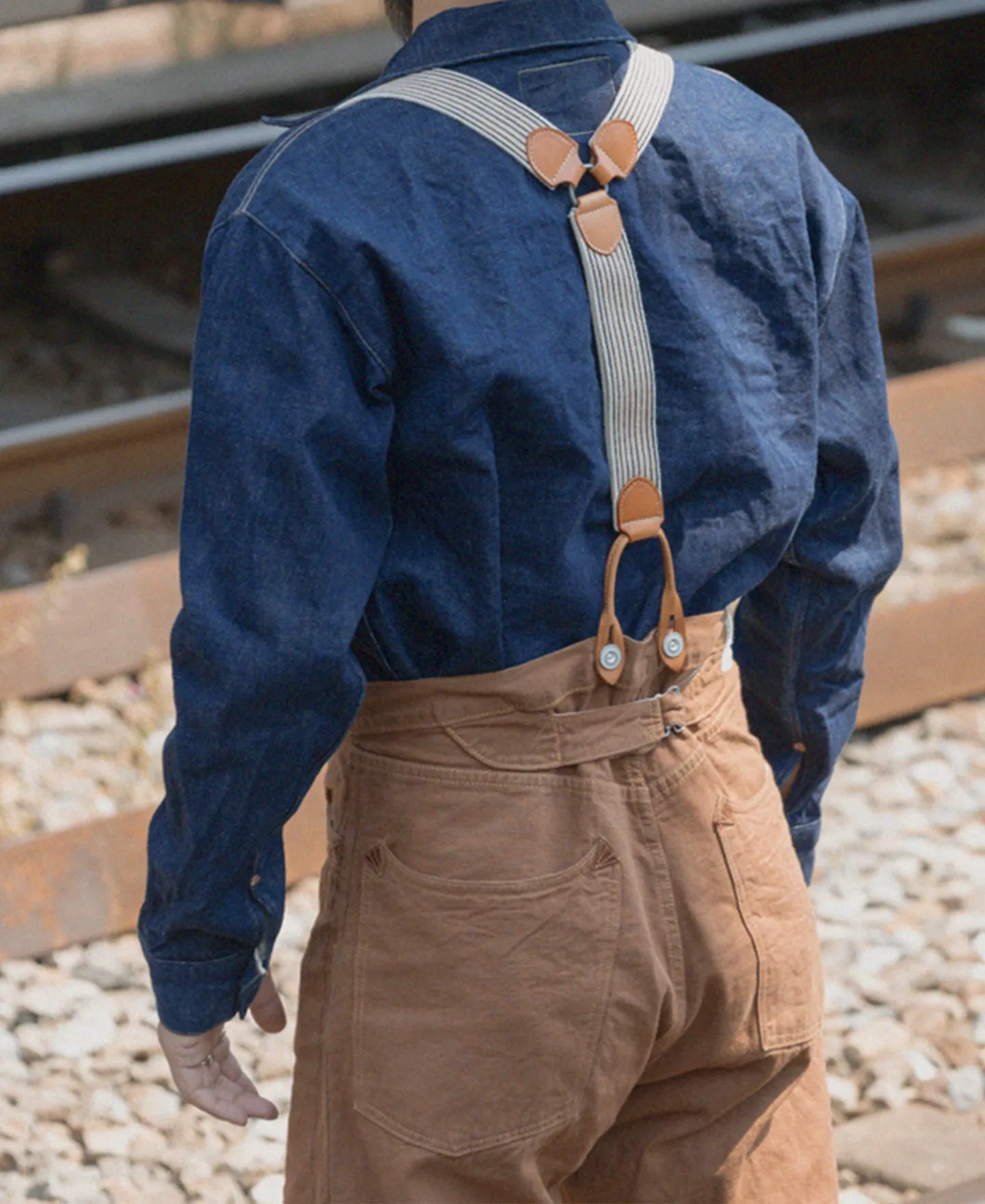 Old-Time Y-Back Leather Button Suspenders - Khaki Stripe sold by Bronson Mfg. product image thumbnail 4