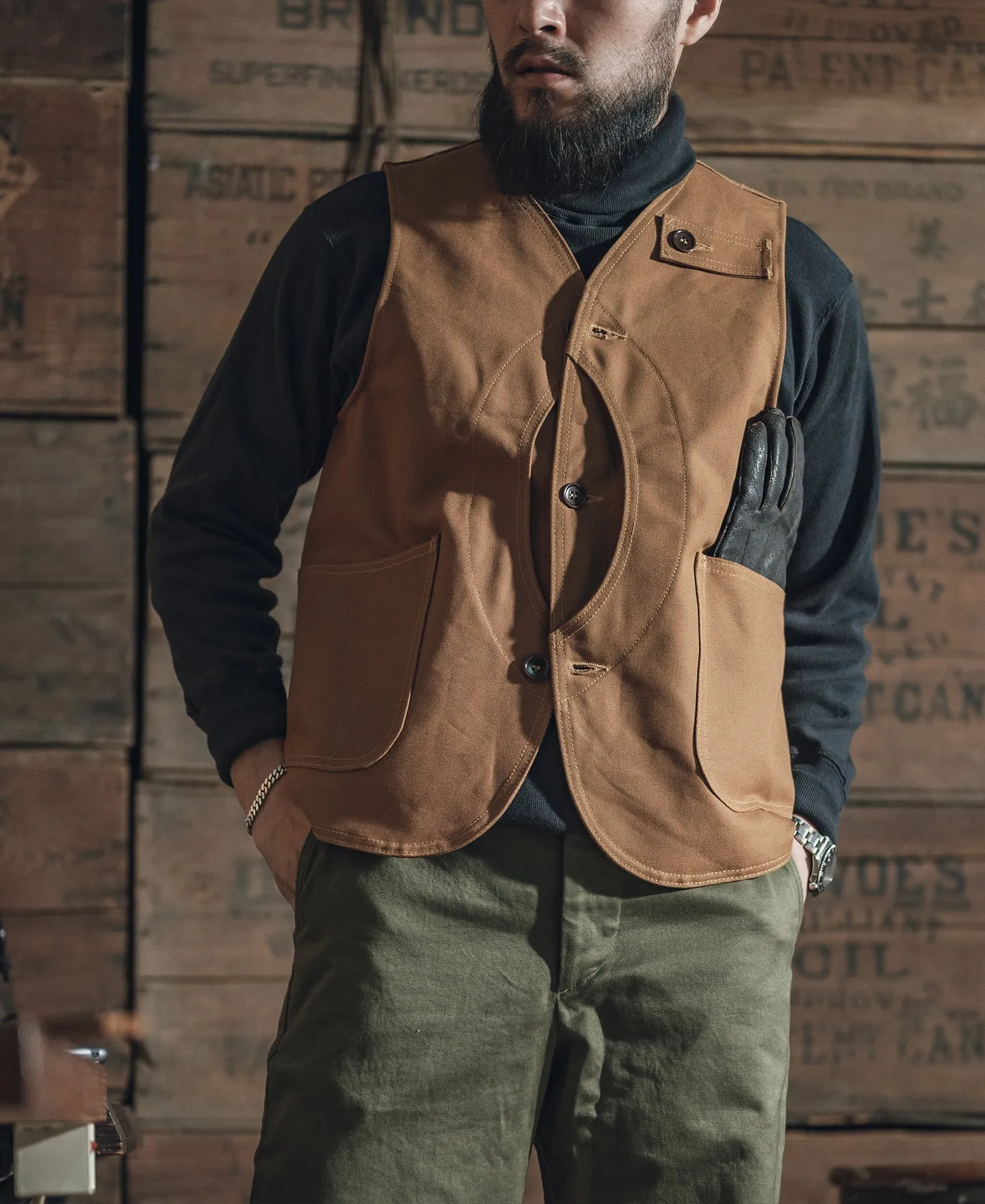 1930s Heavyweight Canvas Game Pocket Hunting Vest - Khaki sold by Bronson Mfg. product image thumbnail 4