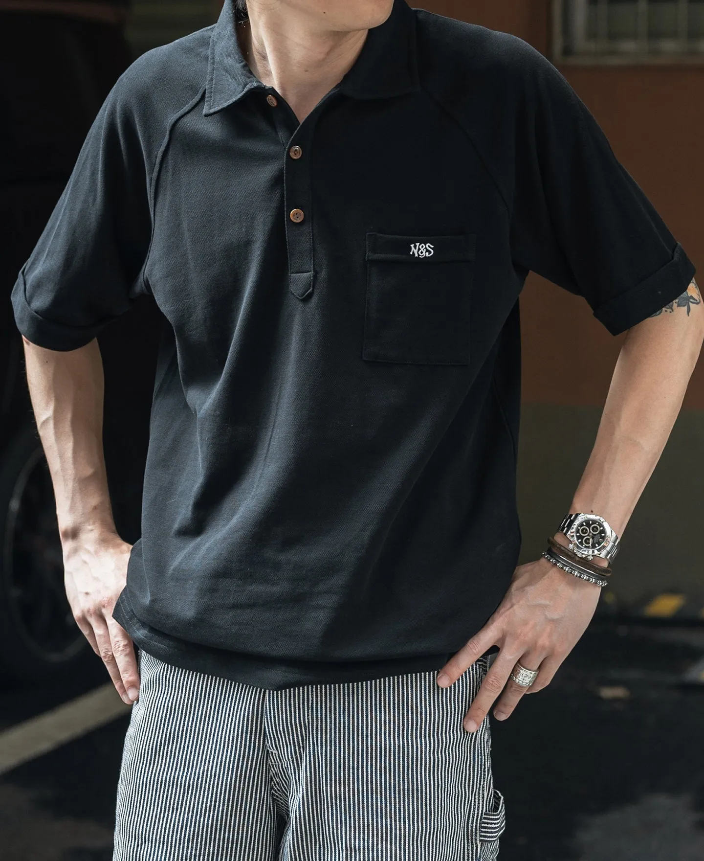 Raglan Sleeve Cotton-Piqué Polo Shirt - Black sold by Bronson Mfg. product image thumbnail 3