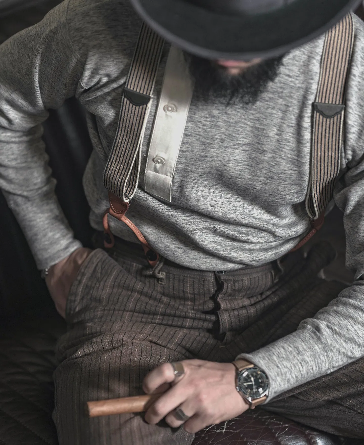 Old-Time Y-Back Leather Button Suspenders - Blue/Yellow Stripe sold by Bronson Mfg. product image thumbnail 5