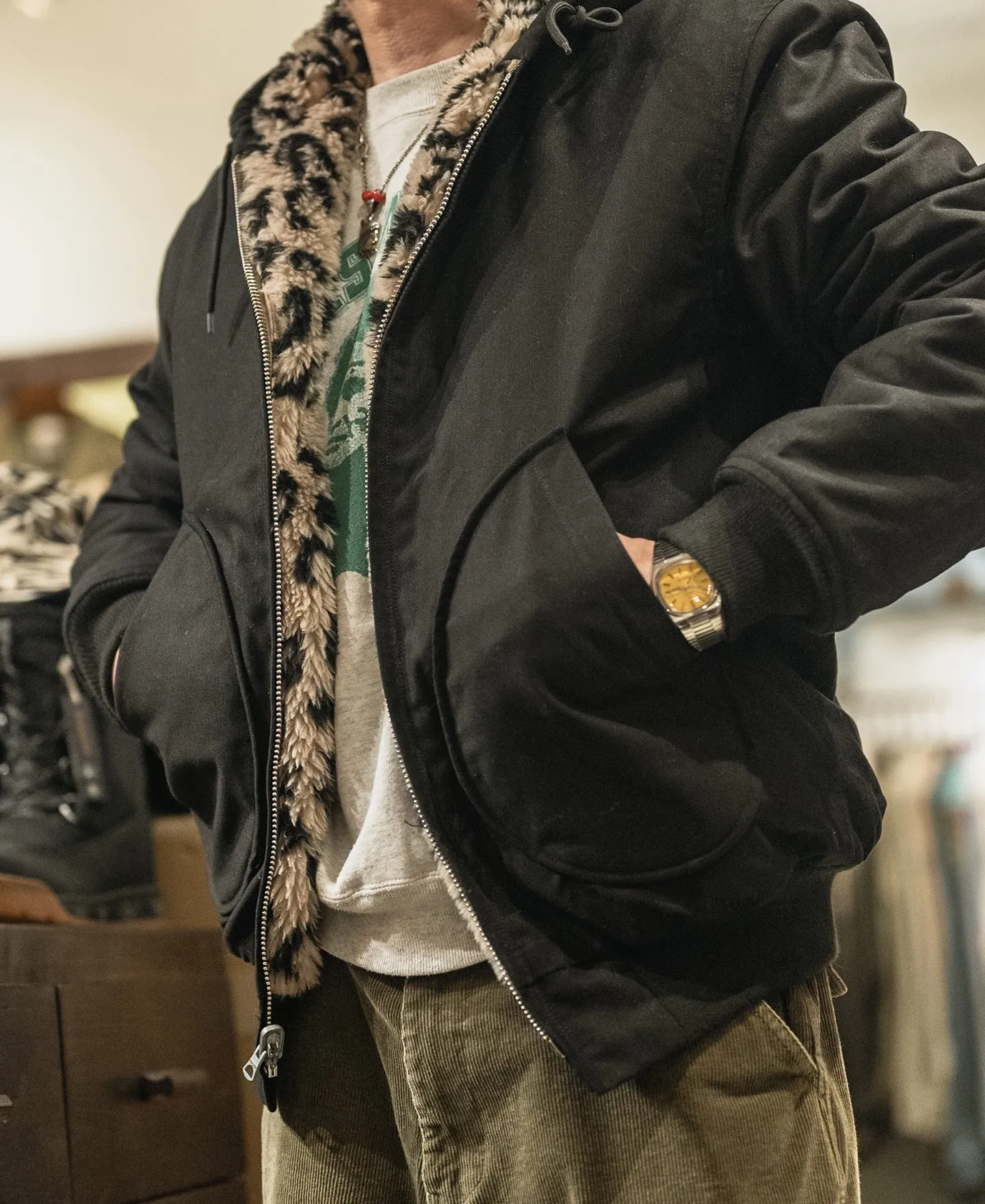 Leopard Print Reversible Deck Jacket - Black sold by Bronson Mfg. product image thumbnail 3
