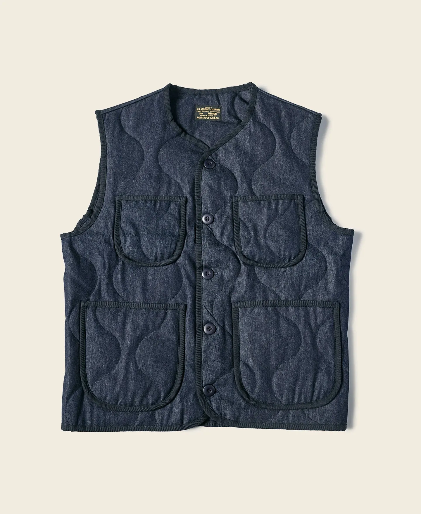 Military Style Quilted Padded Denim Vest - Navy sold by Bronson Mfg.