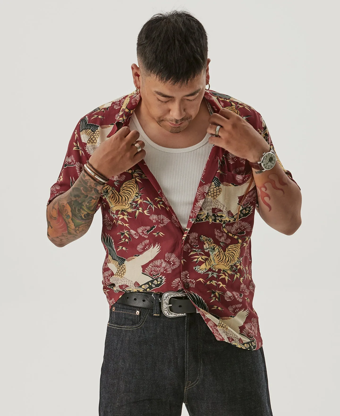 Ukiyo-e Tiger & Crane Pattern Aloha Shirt - Wine Red sold by Bronson Mfg. product image thumbnail 4