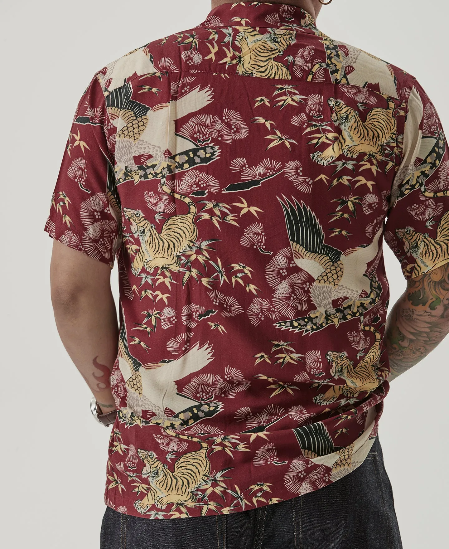 Ukiyo-e Tiger & Crane Pattern Aloha Shirt - Wine Red sold by Bronson Mfg. product image thumbnail 5