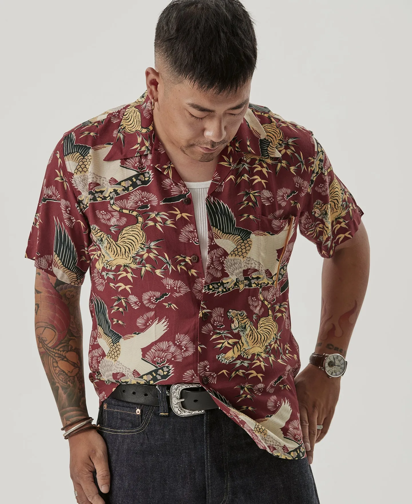 Ukiyo-e Tiger & Crane Pattern Aloha Shirt - Wine Red sold by Bronson Mfg. product image thumbnail 3