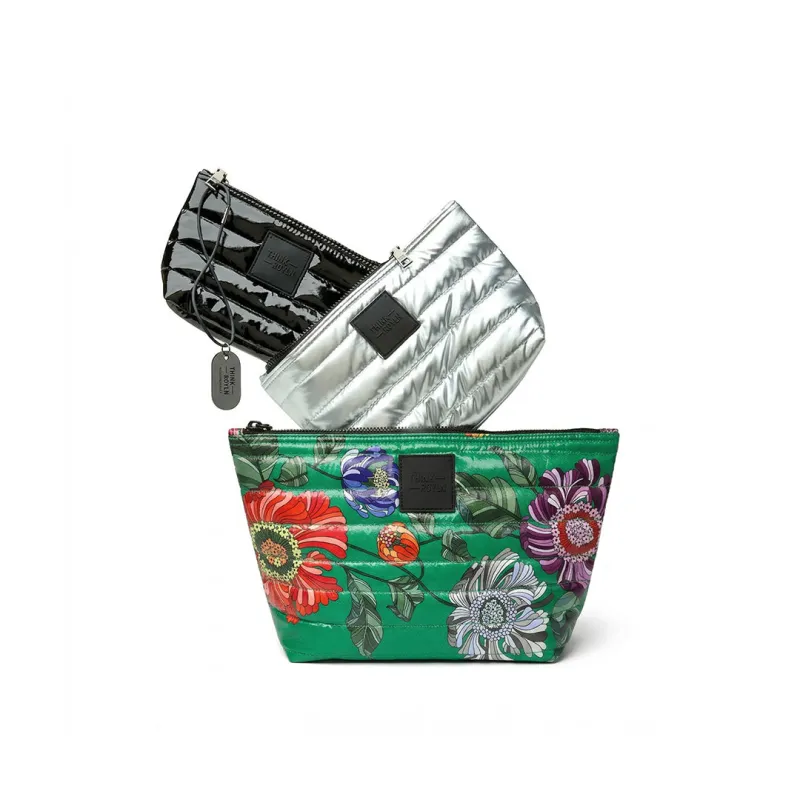 Travel Trio Organizational Pouches Green Floral Pearl Silver and Black Patent made by Think Royln