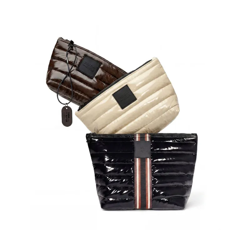 Travel Trio Organizational Pouches Black Patent with Multi Stripe Web Blonde Patent and Glossy Chocolate made by Think Royln