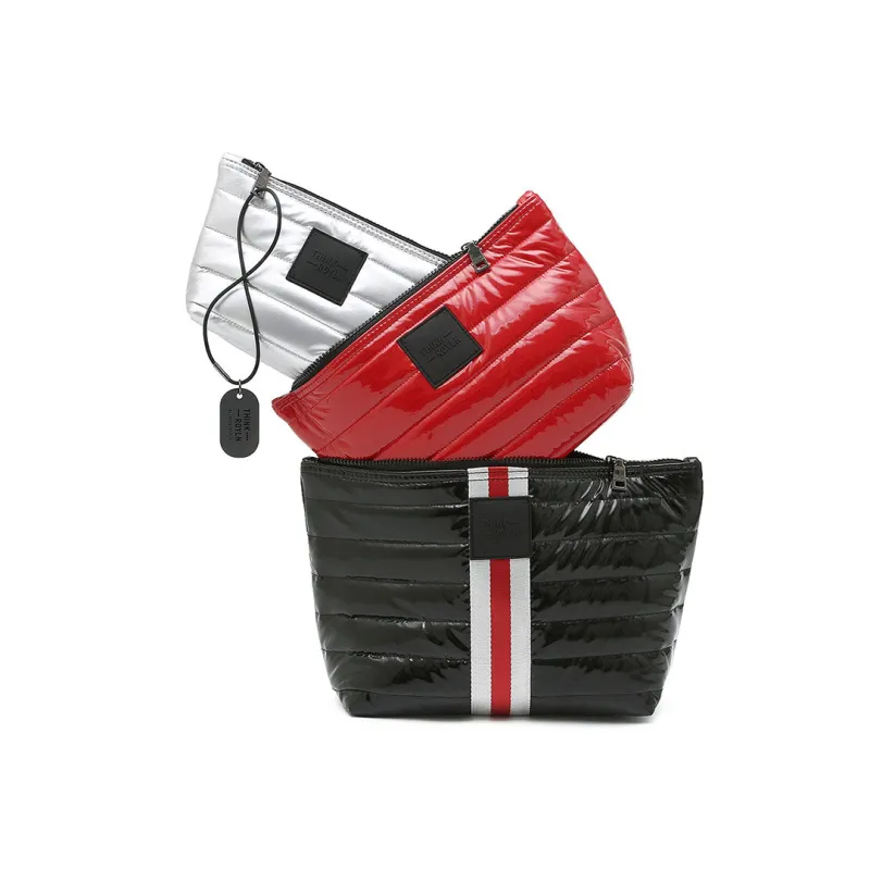 Travel Trio Organizational Pouches Black Patent W/Stripe Web Lipstick Patent Pearl Silver made by Think Royln