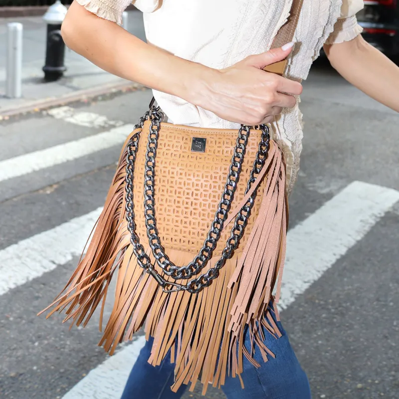 Free Spirit Terracotta Perforated Leather and Fringe made by Think Royln