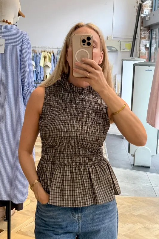 Leonora Smocked Blouse Sleeveless -Brown made by Ost London
