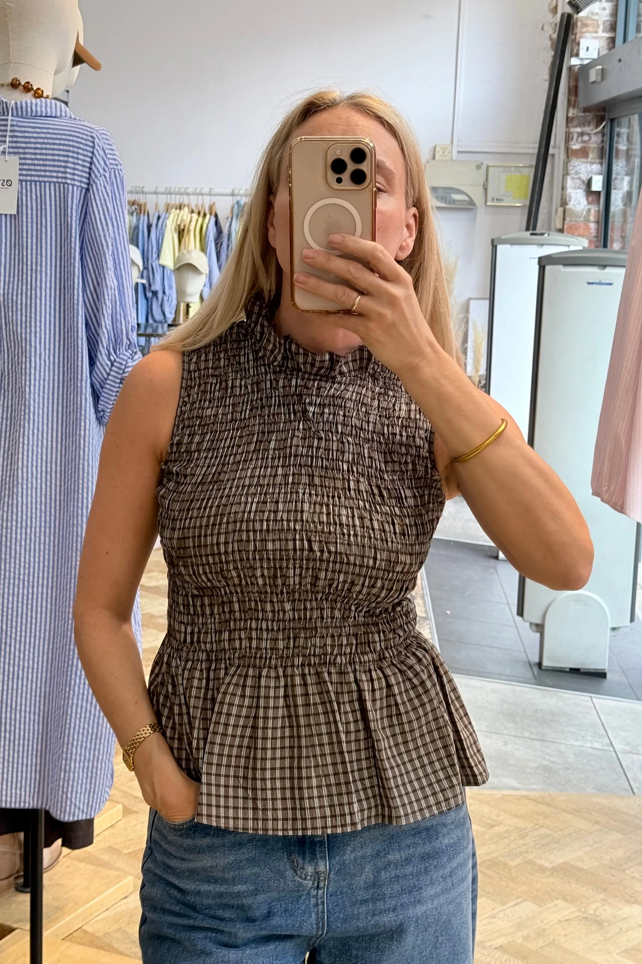 Leonora Smocked Blouse Sleeveless -Brown sold by Ost London