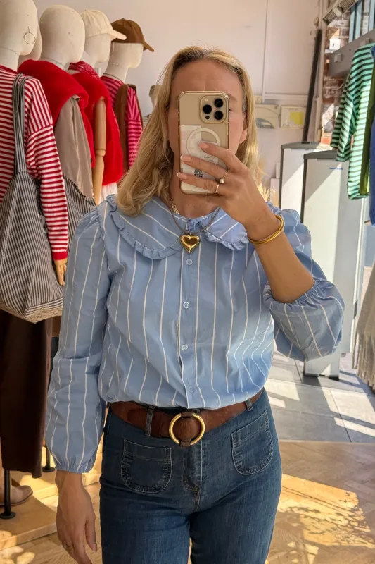 Alice Frill Collar Blouse -Blue Stripes made by Ost London