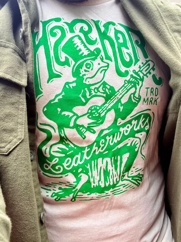 Screen Printed Guitar Frog Tee made by Harker Leatherworks