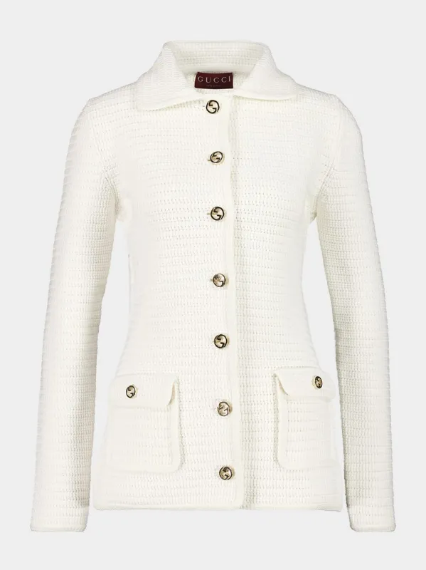 White Fine Cotton Cardigan with G Buttons sold by Fashion Clinic