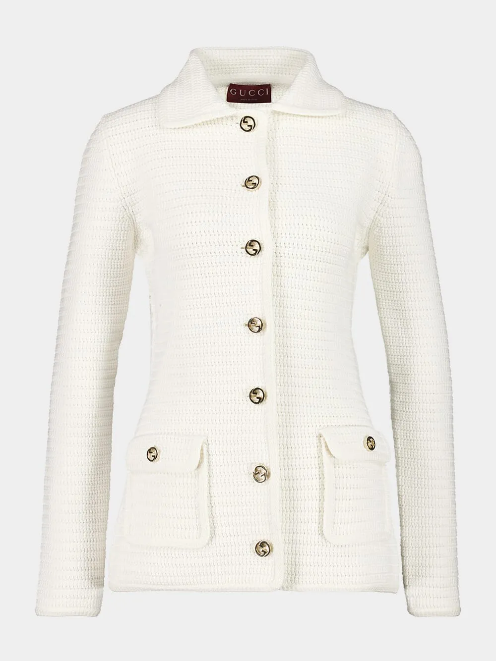 White Fine Cotton Cardigan with G Buttons sold by Fashion Clinic