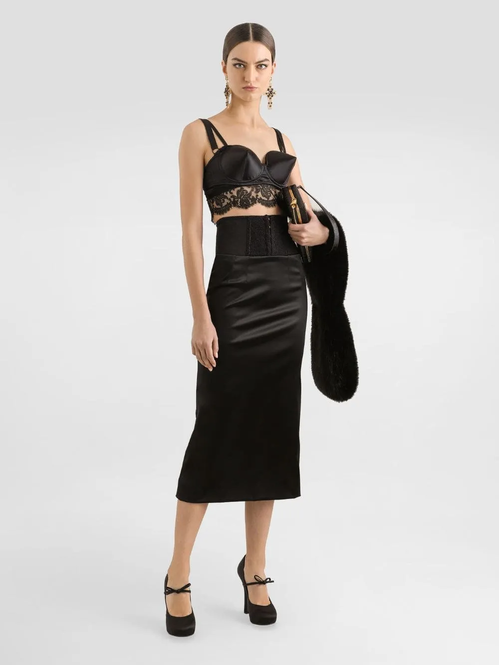 Black Satin Corset-Belt Midi Skirt sold by Fashion Clinic
