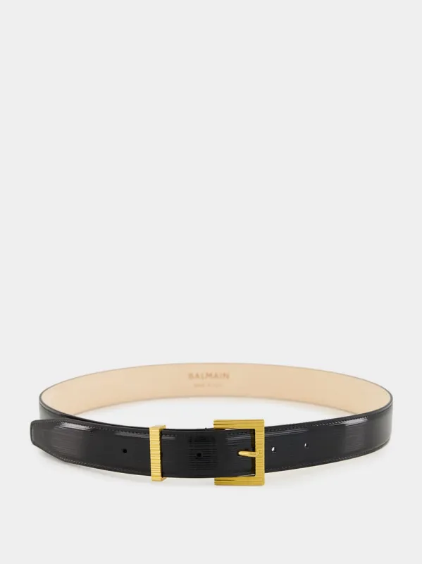 Black Striped Patent Leather Perfume Belt made by Balmain