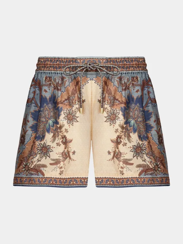 Ascension Blue Cream Indienne Floral Silk Shorts sold by Fashion Clinic