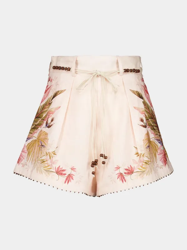Cream Palm Floral Ascension Tuck Shorts sold by Fashion Clinic