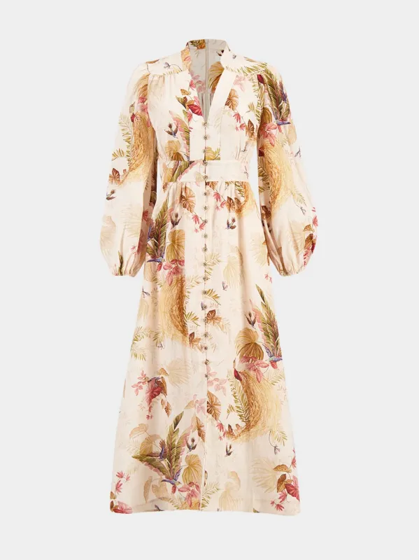 Cream Palm Floral Ascension Plunge Midi Dress sold by Fashion Clinic