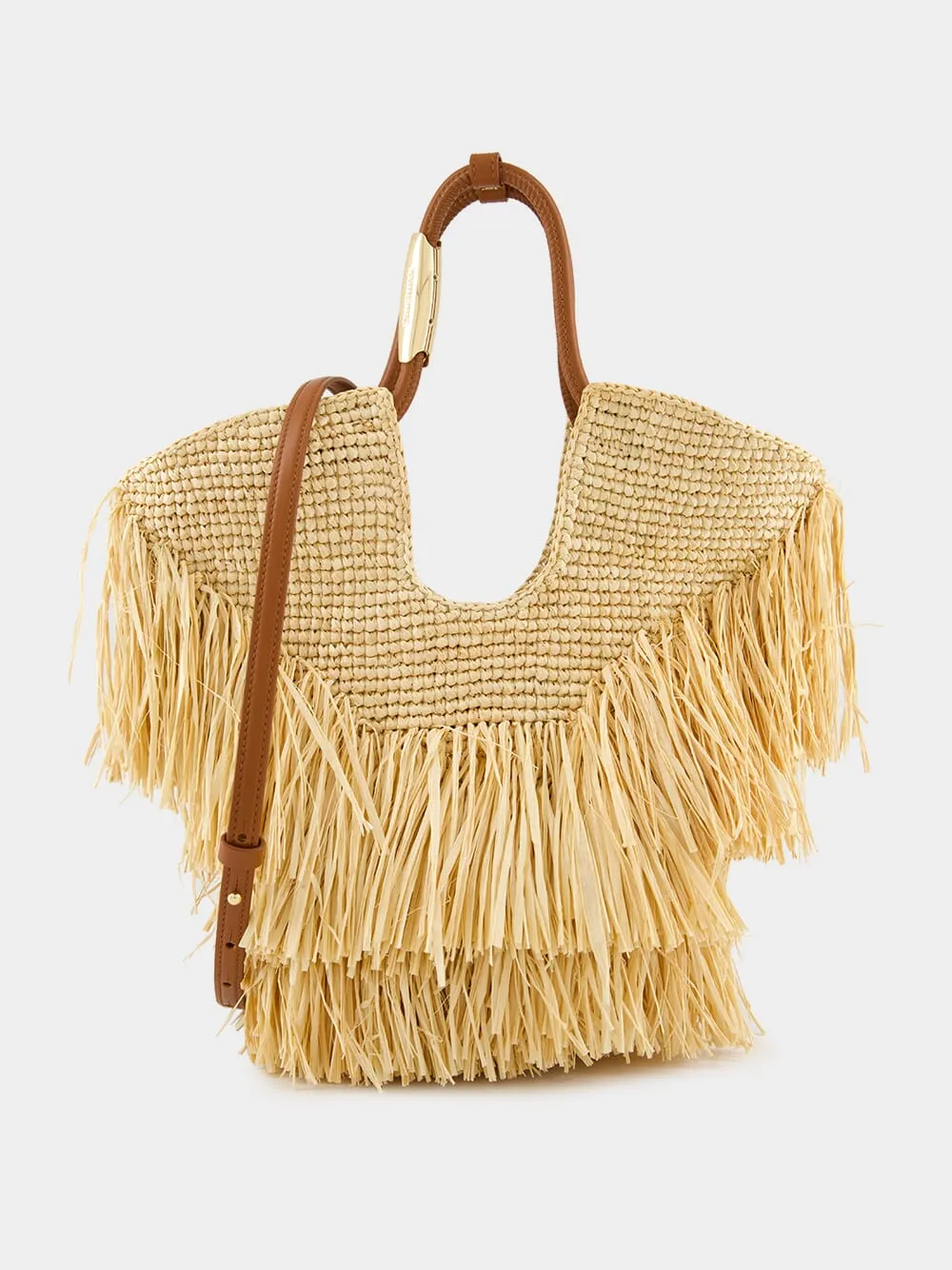 Natural Goldentime Small Raffia Fringe Tote sold by Fashion Clinic
