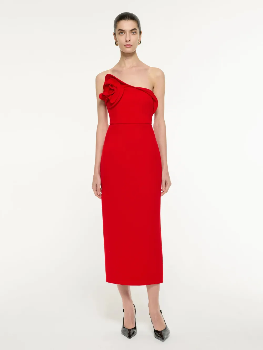 Strapless Flower Drape Crepe Midi Dress sold by Fashion Clinic