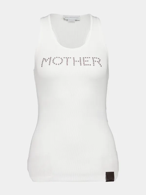 Pure White Studded "Mother" Print Tank Top sold by Fashion Clinic