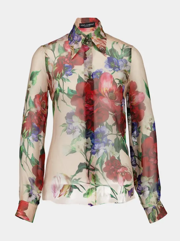 Pink Floral Chiffon Long-Sleeved Shirt sold by Fashion Clinic