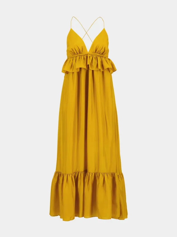 Gold Rhiannon Ruffle Silk Maxi Dress sold by Fashion Clinic