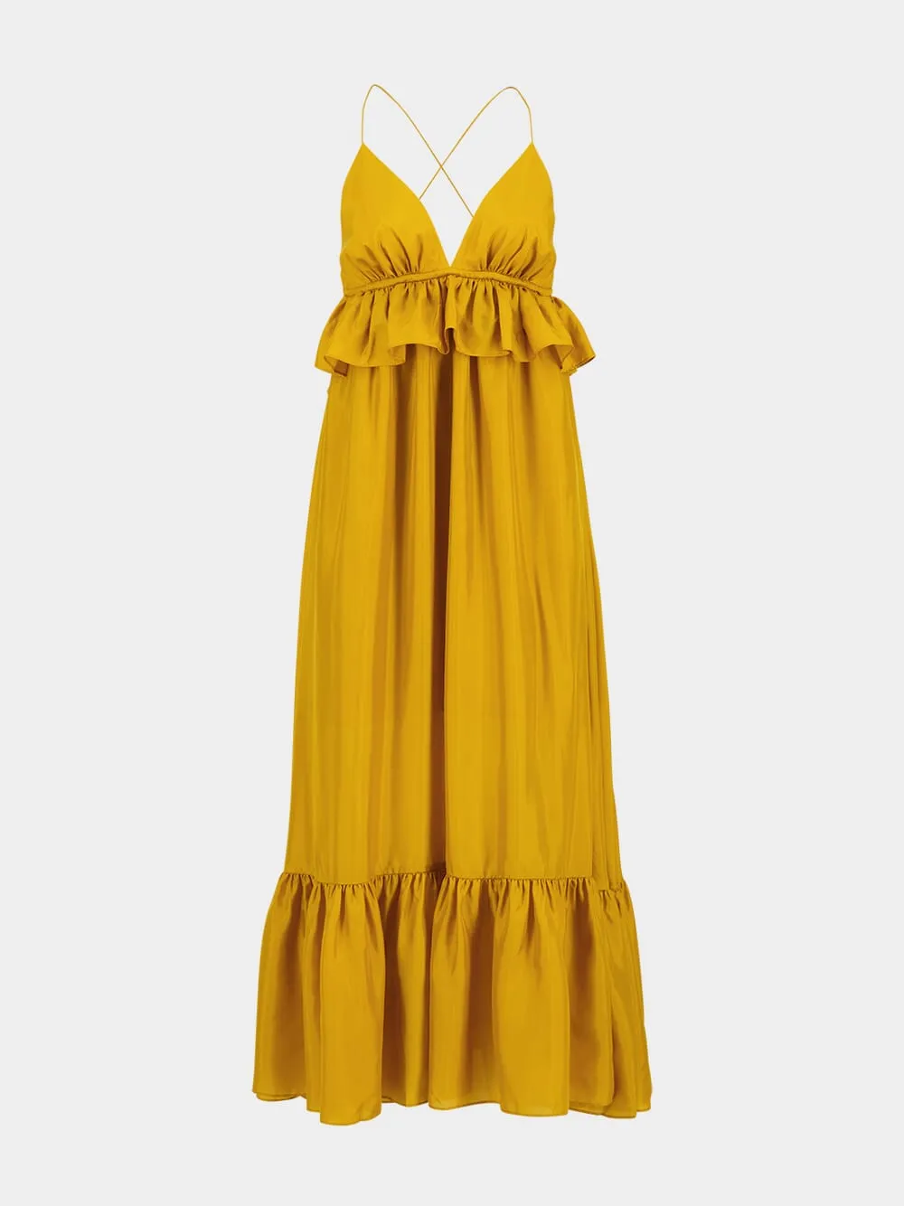 Gold Rhiannon Ruffle Silk Maxi Dress sold by Fashion Clinic