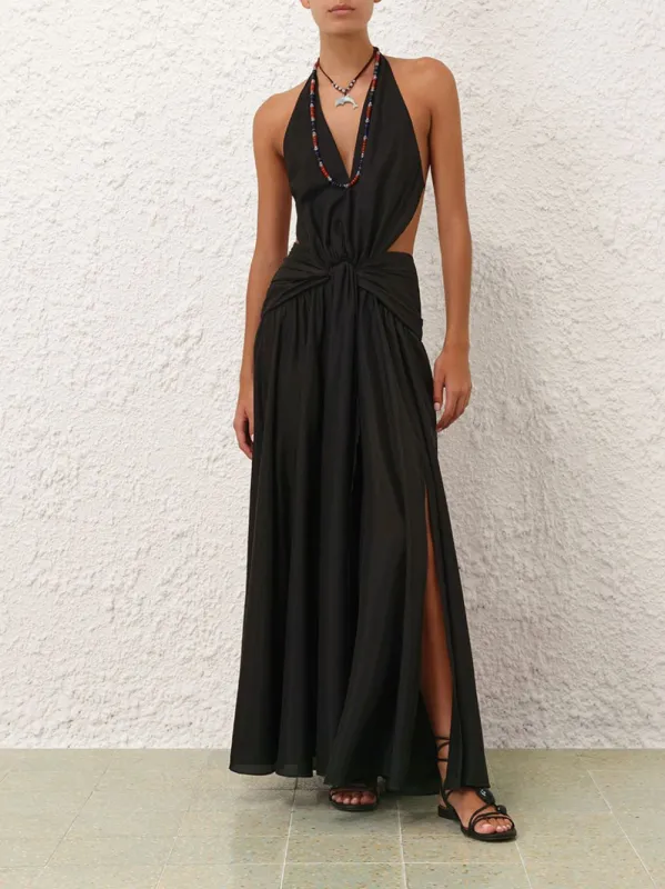 Black Rhiannon Plunge Halter Maxi Dress sold by Fashion Clinic