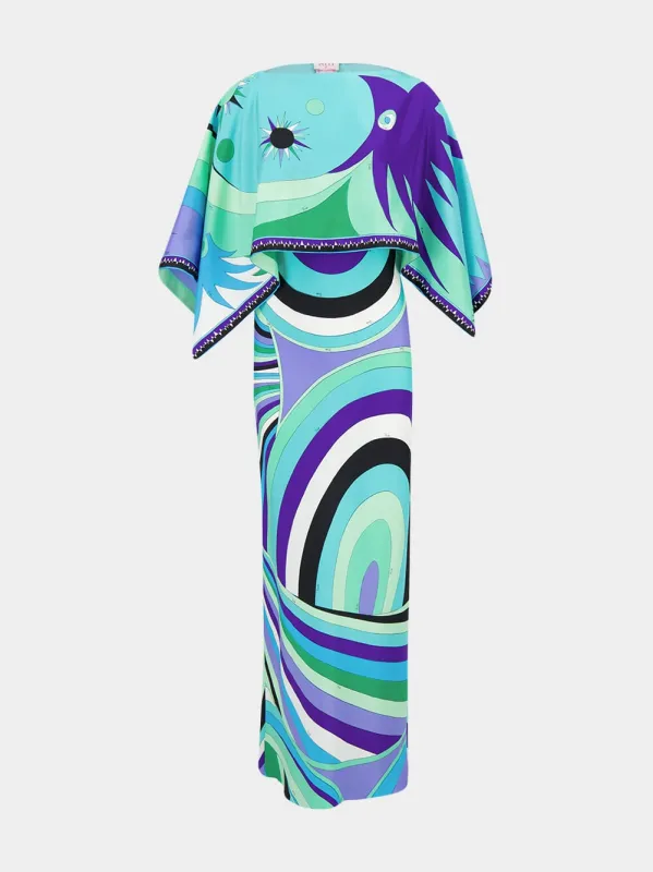 Green and Lilac Iride Print Cape Long Dress sold by Fashion Clinic