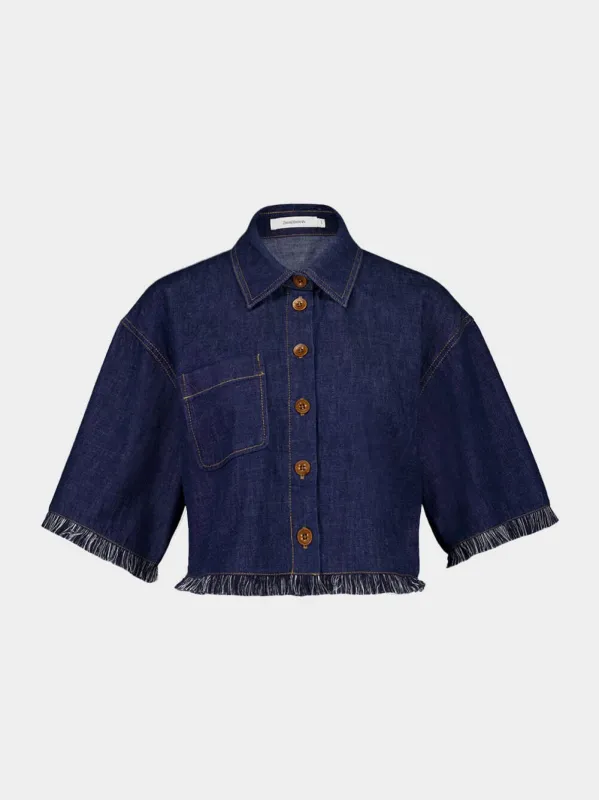 Atlantic Blue Rhiannon Fringe Cropped Shirt sold by Fashion Clinic