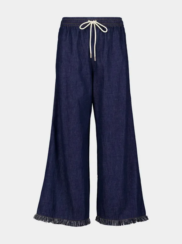 Atlantic Blue Wide Leg Trousers with Rhiannon Fringe sold by Fashion Clinic