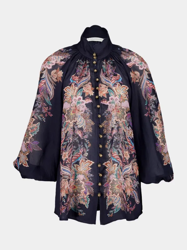 Navy Blue Billowing Rhiannon Blouse in Ramie sold by Fashion Clinic